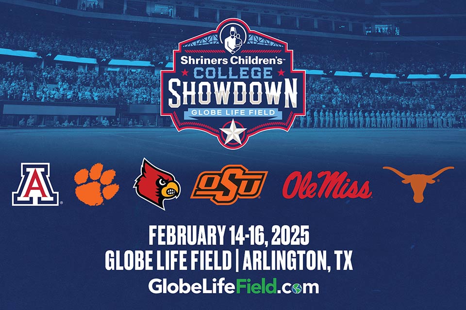 Shriners Children's College Showdown Globe Life Field logo, six school logos, Februry 14-16, 2025, Globe Life Field | Arlington, TX, GlobeLifeField.com