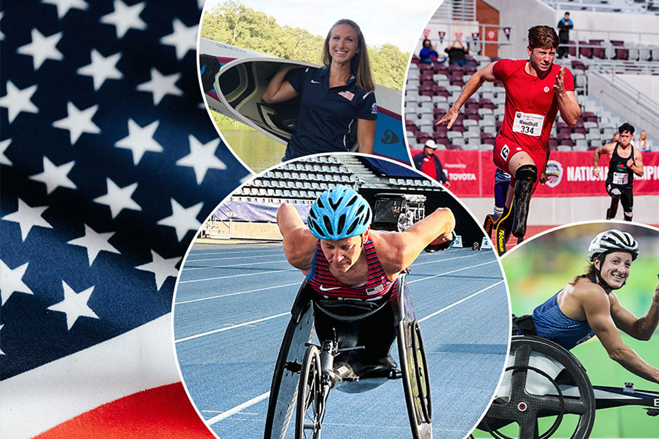 Four Paralympians next to an American Flag