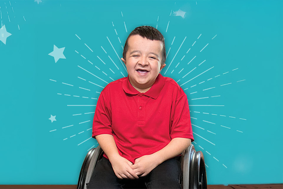 A graphic of Alec smiling in his wheelchair with a blue background.