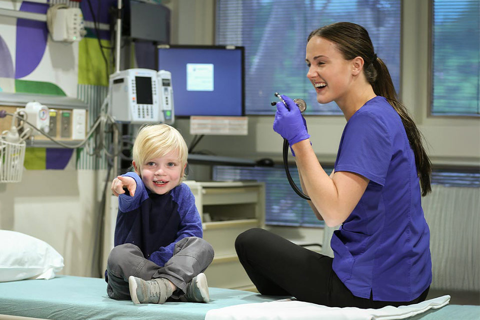 Patient and staff smiling and pointing on a hospital bed.